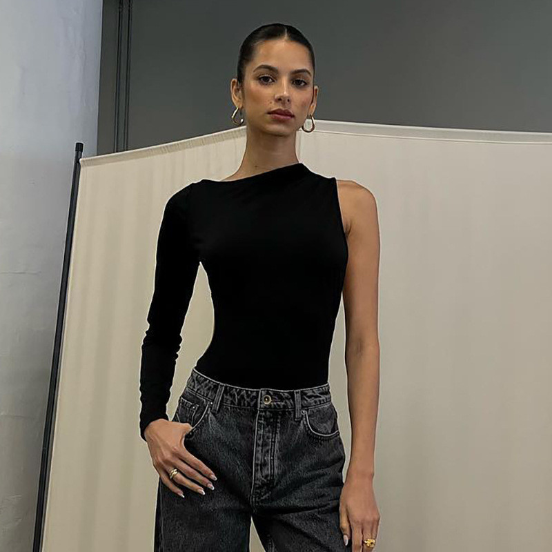 Εξώπλατα μαύρα κορμάκια Γυναικεία Σέξι μακρυμάνικα με έναν ώμο λεπτές μπλούζες Φθινοπωρινή Άνοιξη Street Wear Casual O λαιμόκοψη