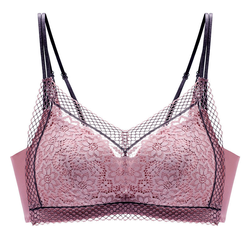 Sutien de damă din dantelă franțuzească la modă nouă, fără jante, piept mic și subțire, adunați lenjerie de corp sexy cu spate în U cupa triunghiulară