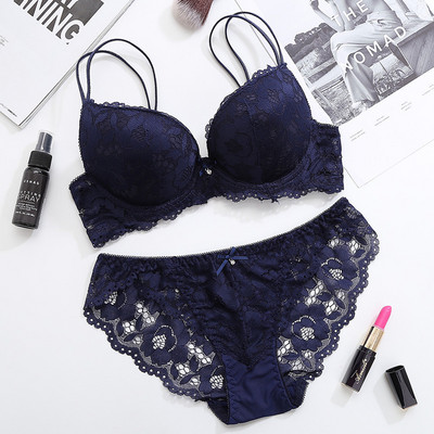 Set sutien mare Push Up 7 culori Set sutien și chiloți din dantelă Set de lenjerie în V adânc de broderie pentru femei sexy Lenjerie intima destul de bună calitate