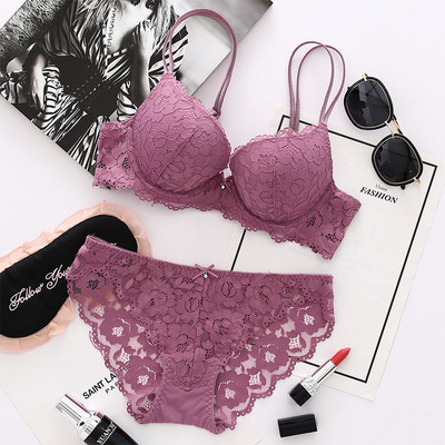 Set sutien mare Push Up 7 culori Set sutien și chiloți din dantelă Set de lenjerie în V adânc de broderie pentru femei sexy Lenjerie intima destul de bună calitate