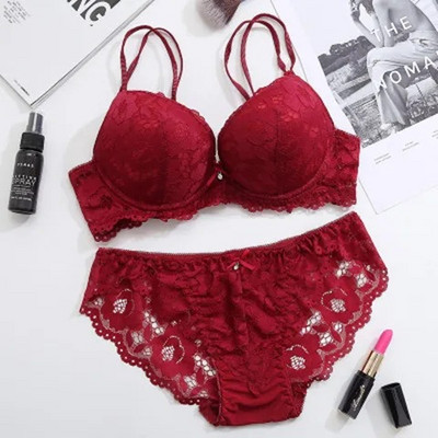 Set sutien mare Push Up 7 culori Set sutien și chiloți din dantelă Set de lenjerie în V adânc de broderie pentru femei sexy Lenjerie intima destul de bună calitate