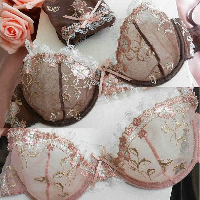 Κεντημένο κοίλο έξω σέξι Exquisite Ebroidery Lotus Pink Ultra-Thin Γυναικείο Σέξι Διαφανές Δαντελένιο Εσώρουχα Σετ Εσώρουχα