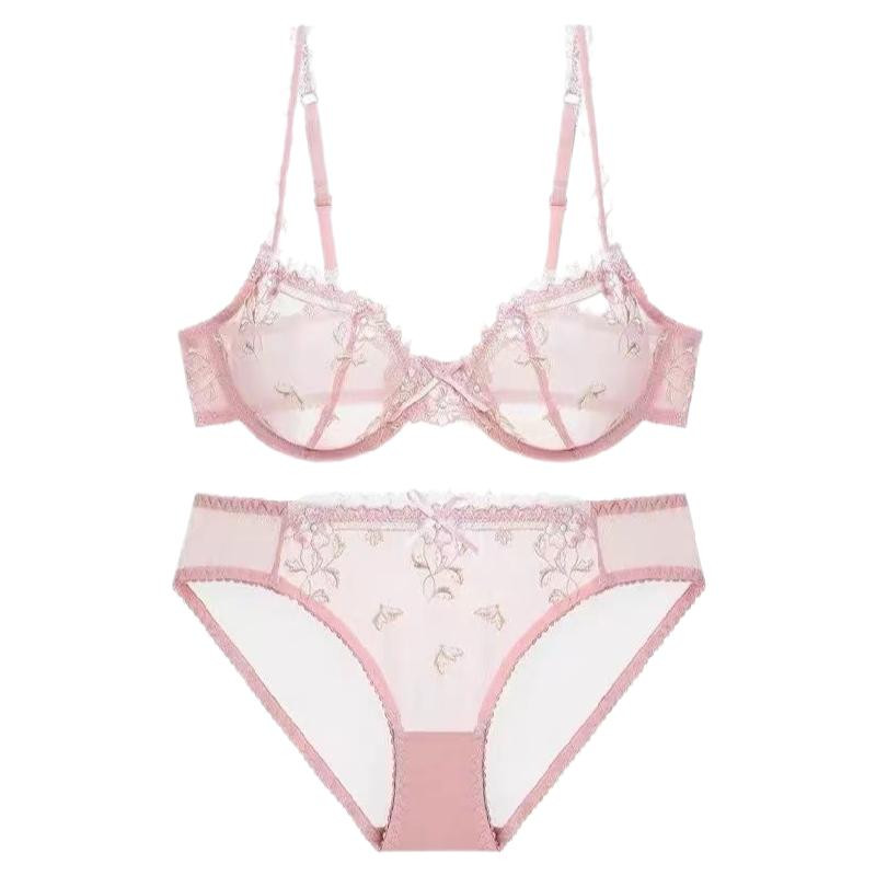Κεντημένο κοίλο έξω σέξι Exquisite Ebroidery Lotus Pink Ultra-Thin Γυναικείο Σέξι Διαφανές Δαντελένιο Εσώρουχα Σετ Εσώρουχα