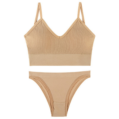 Set de sutien de 2 bucăți pentru femei Bralette sexy Lenjerie de corp pentru femei Set de lenjerie de corp Topuri cu nervuri Sutien fără sârmă fără sudură Chiloți Sutien sport de yoga pentru femei
