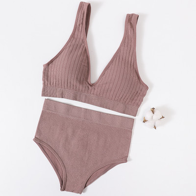 Lenjerie de corp pentru femei Set de chiloți sutien sport Sutien fără sârmă Set sexy de top fără cusături Slip cu talie înaltă Set de lenjerie cu decolteu în V