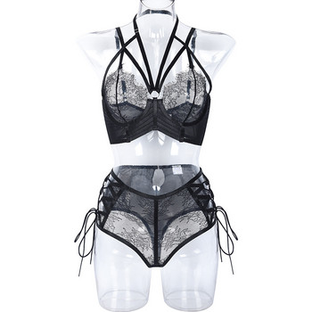 Yimunancy 2-Piece Lace Exotic Set Women Black Bandage Transparent Panty Комплект бельо Комплект секси бельо