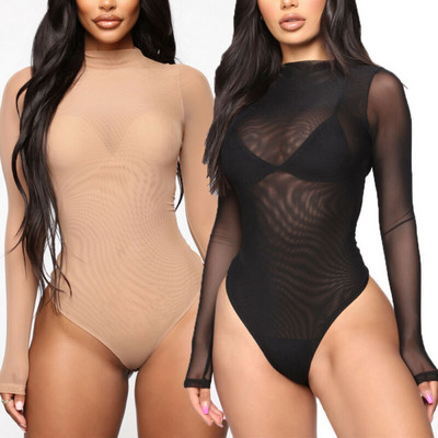 2019. aasta võrgust body, Romper Bodycon Jumpsuit Turtleneck Skinny Body ülikond, läbipaistev uus naiste seksikas keharõivas päikeseülikond