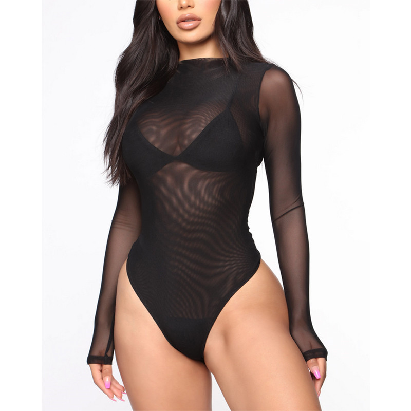 2019. aasta võrgust body, Romper Bodycon Jumpsuit Turtleneck Skinny Body ülikond, läbipaistev uus naiste seksikas keharõivas päikeseülikond