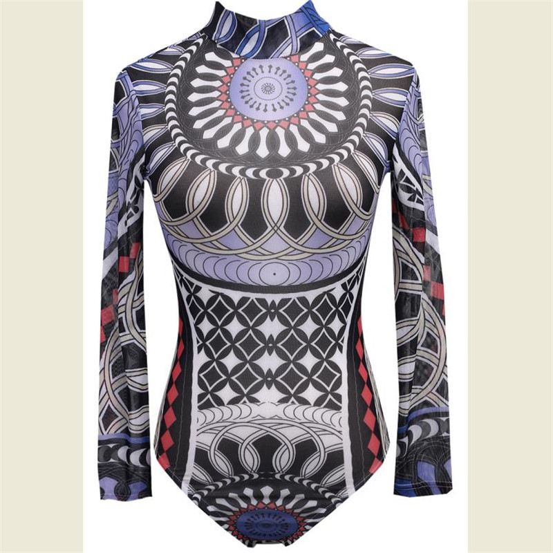 Kombinesoonid naistele Jumpsuits Elegant Totem Vintage pikkade varrukatega kilpkonnakaelusega bodi Naiste vabaaja Slim Fit Rompers Päikeseülikonnad