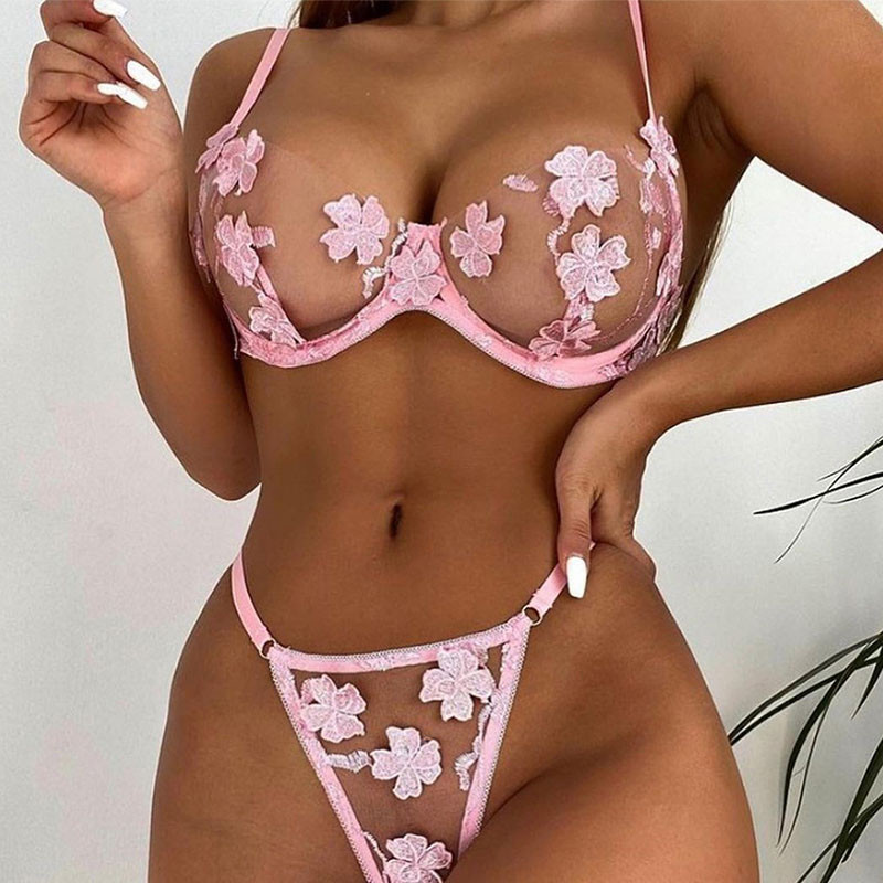 Naiste läbipaistev üliõhuke aluspesukomplekt, sinine lilltikandid, aplikatsiooniga võrkpesu naistele seksikas rinnahoidja ja püksikute komplekt, roosa