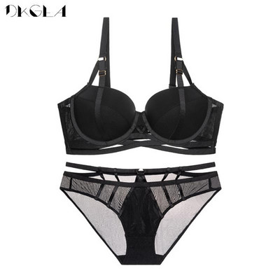 Μαύρο νέο σετ γυναικείων εσωρούχων Σέξι σουτιέν Deep V Brassiere Επίδεσμος με χοντρή επένδυση Push Up Σετ σουτιέν Γυναικείο Plus μέγεθος CD Cup εσώρουχα