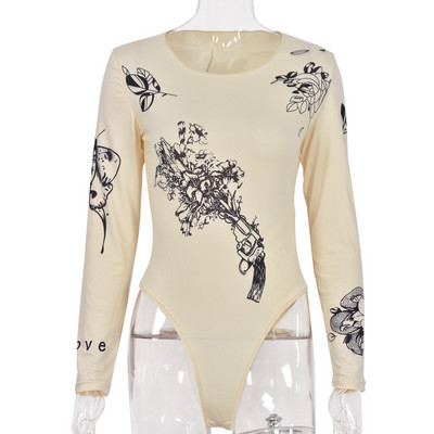 Φθινοπωρινό γυναικείο κορμάκι σε ρετρό στυλ για ενήλικες Vintage φυτικό στάμπα με μακρυμάνικο στρογγυλό λαιμόκοψη (βερίκοκο) κορμάκια