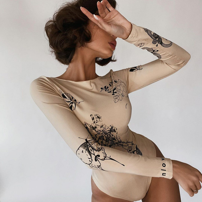 Φθινοπωρινό γυναικείο κορμάκι σε ρετρό στυλ για ενήλικες Vintage φυτικό στάμπα με μακρυμάνικο στρογγυλό λαιμόκοψη (βερίκοκο) κορμάκια