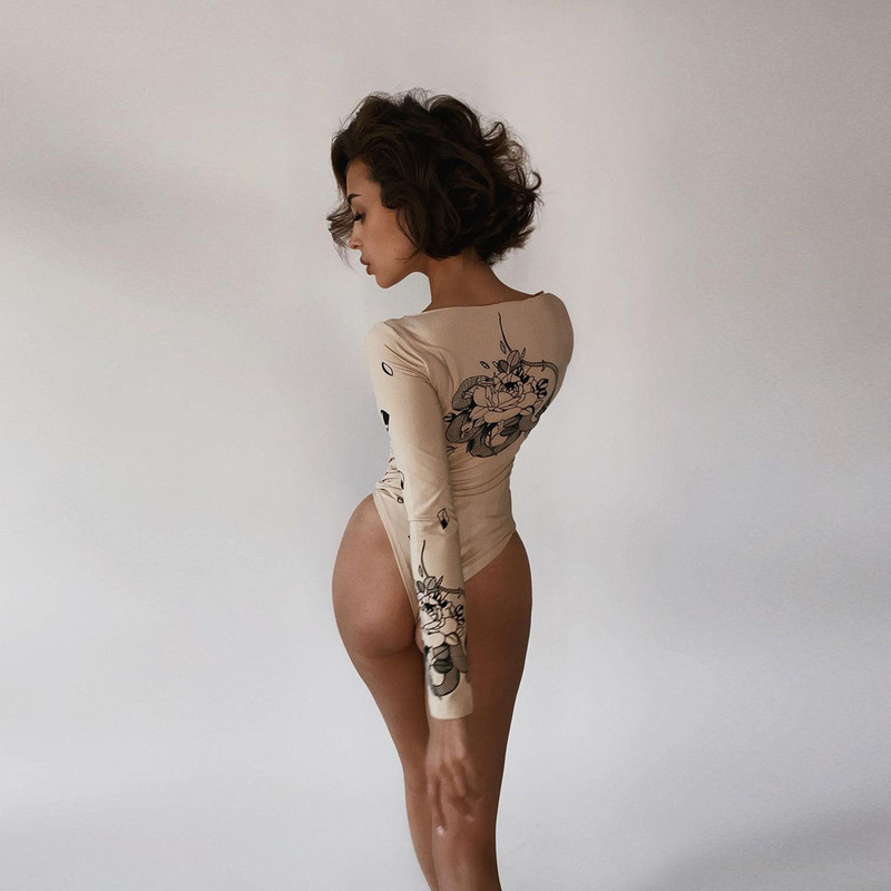 Φθινοπωρινό γυναικείο κορμάκι σε ρετρό στυλ για ενήλικες Vintage φυτικό στάμπα με μακρυμάνικο στρογγυλό λαιμόκοψη (βερίκοκο) κορμάκια