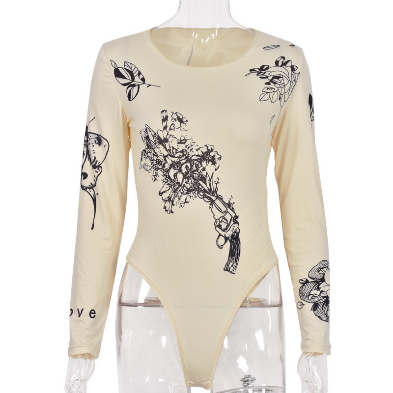 Φθινοπωρινό γυναικείο κορμάκι σε ρετρό στυλ για ενήλικες Vintage φυτικό στάμπα με μακρυμάνικο στρογγυλό λαιμόκοψη (βερίκοκο) κορμάκια