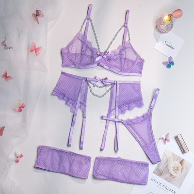 MeiKeDaiNicey Lenjerie Dantela Costum exotic Sutien din plasă transparentă Ținute sexy și erotice Jartiere cu lanț Sensual Intim