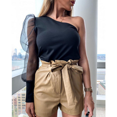 Salopetă cu bandaj bodycon pentru femei Costum de corp cu mâneci bufante Tricou Top bluză cu mânecă lungă transparentă Salopete din plasă Costume de soare