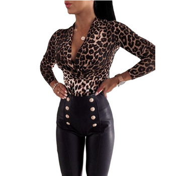 Γυναικείο κορμάκι Romper Φθινοπωρινό μπλουζάκι Streetwear Bodycon Leopard Snakeskin με εμπριμέ ελαστικό V-λαιμόκοψη μακρυμάνικο αιτιατό πλισέ ρούχα