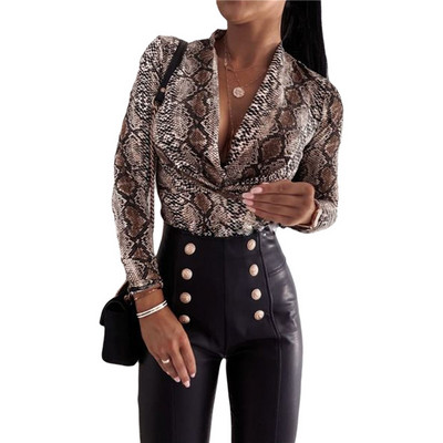 Naiste Body Romper Fall Top Streetwear Bodycon Leopard Snakesnahast trükitud elastne V-kaelusega pikkade varrukatega kausaalne plisseeritud riided