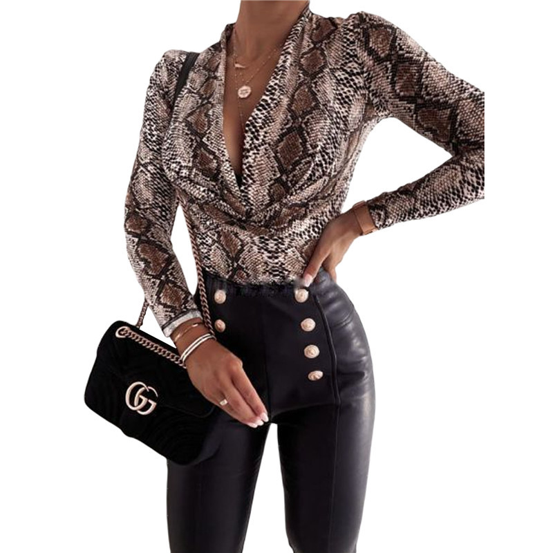 Γυναικείο κορμάκι Romper Φθινοπωρινό μπλουζάκι Streetwear Bodycon Leopard Snakeskin με εμπριμέ ελαστικό V-λαιμόκοψη μακρυμάνικο αιτιατό πλισέ ρούχα