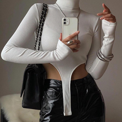 Дамско секси тънко рипсено боди Едноцветно водолазка с дълъг ръкав Издълбан Slim Fit Bodycon Playsuit Пролет Есенни дрехи