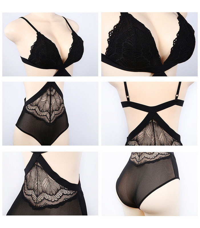 Seksīgs, melns, ziedu mežģīņu bodijs Sieviešu ar kakla izgriezumu, caurspīlēts kombinezons, kombinēti šorti, rotaļu tērpi