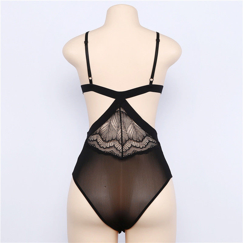 Seksīgs, melns, ziedu mežģīņu bodijs Sieviešu ar kakla izgriezumu, caurspīlēts kombinezons, kombinēti šorti, rotaļu tērpi