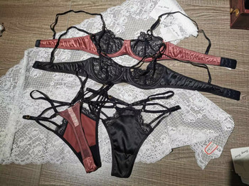 Секси дантелени сатенени шевове bralette ултратънко бельо перспектива изкушение T-панталони Комплект сутиени Прозрачно бельо с прашка