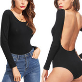 Body skinny cu mânecă lungă pentru femei Salopetă de culoare solidă fără spate, Body scurt cu decolteu subțire