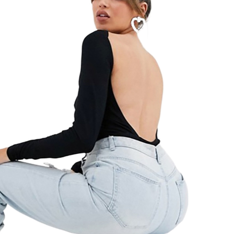 Body skinny cu mânecă lungă pentru femei Salopetă de culoare solidă fără spate, Body scurt cu decolteu subțire