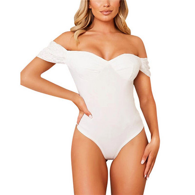 Γυναικεία μονόχρωμη μονόχρωμη φόρμα μπικίνι με κοντό μανίκι βάρκα με λαιμόκοψη ψηλή μέση