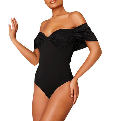 Γυναικεία μονόχρωμη μονόχρωμη φόρμα μπικίνι με κοντό μανίκι βάρκα με λαιμόκοψη ψηλή μέση