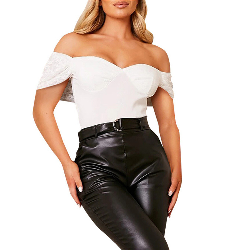 Γυναικεία μονόχρωμη μονόχρωμη φόρμα μπικίνι με κοντό μανίκι βάρκα με λαιμόκοψη ψηλή μέση