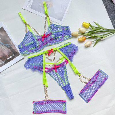 Yimunancy, 3 bucăți, lanț de culoare neon, seturi exotice pentru femei, 3 culori, set de lenjerie sexy pentru chiloți, jartieră, set de lux