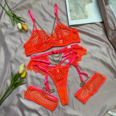 Yimunancy, 3 bucăți, lanț de culoare neon, seturi exotice pentru femei, 3 culori, set de lenjerie sexy pentru chiloți, jartieră, set de lux