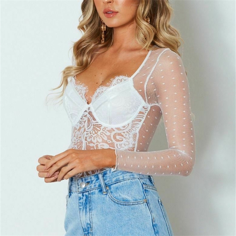 Moteriški tinkliniai nėriniai Sexy Bodysuit Madingas moteriškas ilgomis rankovėmis permatomas Deep V Neck Stretch Trikotas Šliaužtinukai naktinio klubo dėvimi Bodysuits