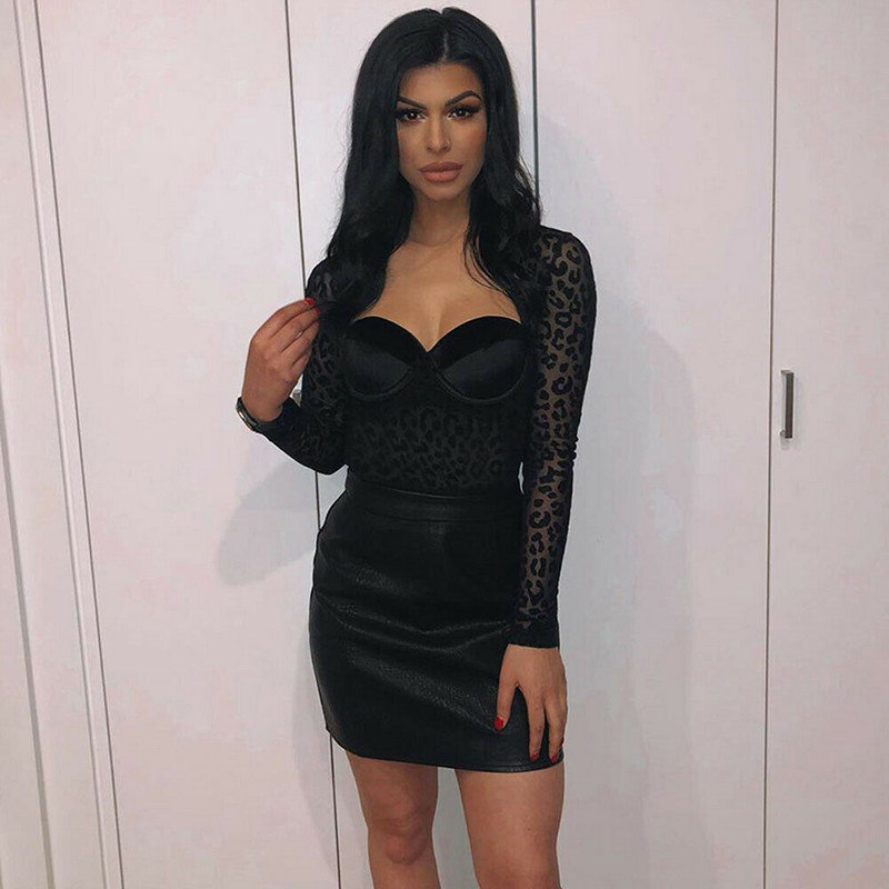 Body de damă vintage cu leopard, Body retro cu guler pătrat, cu mânecă lungă, salopetă Push Up Tricou, sexy pentru femeie 2019