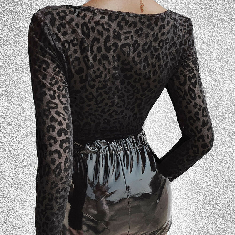 Body de damă vintage cu leopard, Body retro cu guler pătrat, cu mânecă lungă, salopetă Push Up Tricou, sexy pentru femeie 2019