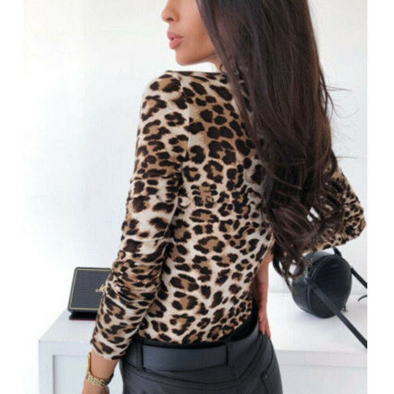 Μακρυμάνικο Γυναικείο Σέξι Λεοπάρ Φιδίσιο Κορμάκι Γυναικείο Stretch Button Rompers Clubwear Slim Fit Φορμάκια V λαιμόκοψη Νέο