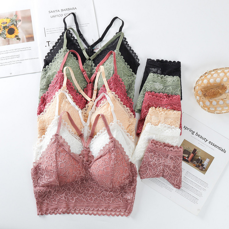 Seturi de sutien din dantelă pentru femei Lenjerie de corp fără sudură Vestă fără spate Chiloți sexy Lenjerie Bralette căptușite Slip ultrasubțiri Slip pentru femei Nou