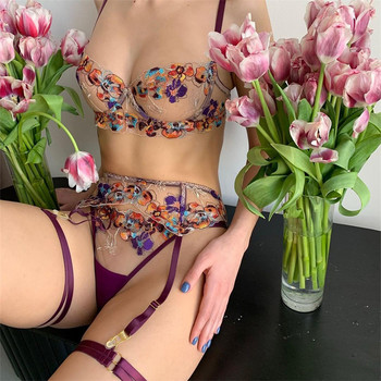 Aduloty Exquisite Embroidered Flowers Секси еротично бельо Perspective Transparent Bra Gather Temptation Дамско бельо Five Pc