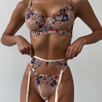 Aduloty Exquisite Embroidered Flowers Секси еротично бельо Perspective Transparent Bra Gather Temptation Дамско бельо Five Pc