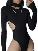 Ženski bodi dugih rukava, jednobojni kombinezon s visokim ovratnikom i izdubljenim gornjim dijelovima dugih rukava za žene, crni