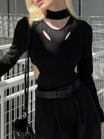 Γυναικείο μακρυμάνικο κορμάκι, μονόχρωμο συνονθύλευμα με ψηλό λαιμό και κούφιο μακρυμάνικο μπλουζάκι για γυναίκες, μαύρο