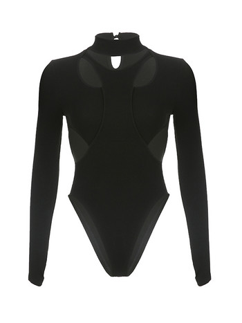 Γυναικείο μακρυμάνικο κορμάκι, μονόχρωμο συνονθύλευμα με ψηλό λαιμό και κούφιο μακρυμάνικο μπλουζάκι για γυναίκες, μαύρο