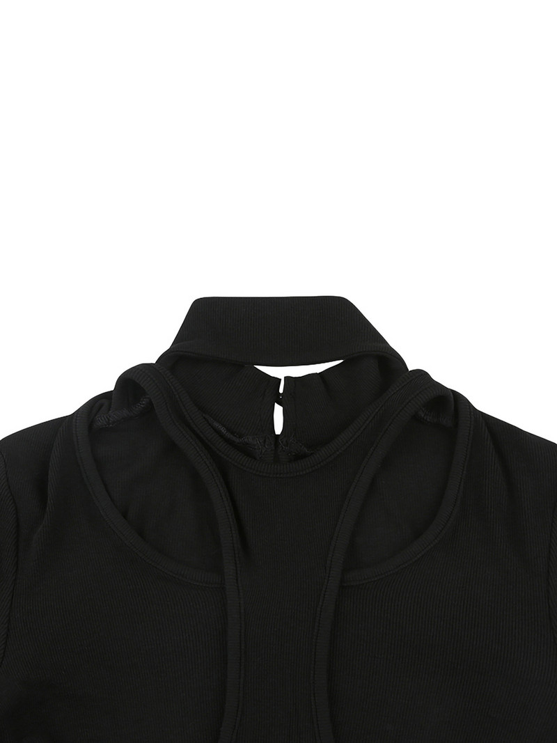 Ženski bodi dugih rukava, jednobojni kombinezon s visokim ovratnikom i izdubljenim gornjim dijelovima dugih rukava za žene, crni