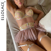 Ellolace Fancy Volans Lenjerie de lux Dantela Chic Lenjerie de corp Necenzurat Sexy Cu Jartieră 5 Piese Fină Nuntă Intimă