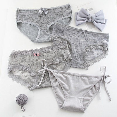 4 bucăți/lot femei chiloți bumbac sexy dantelă chiloți negru alb gri 3 culori chiloți cu nod pentru fete chiloți moi
