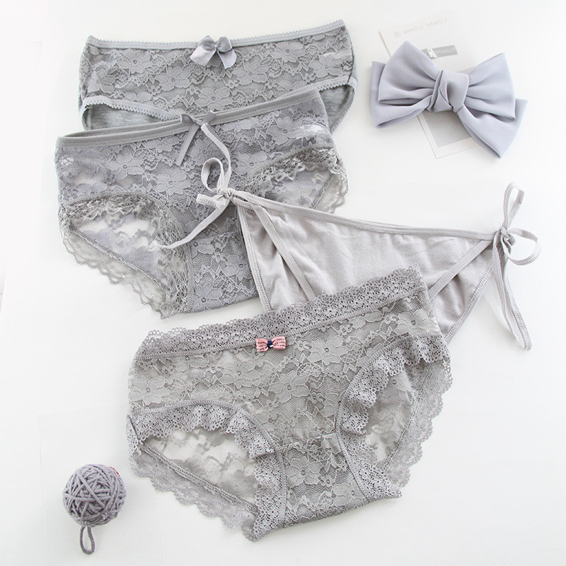 4 bucăți/lot femei chiloți bumbac sexy dantelă chiloți negru alb gri 3 culori chiloți cu nod pentru fete chiloți moi