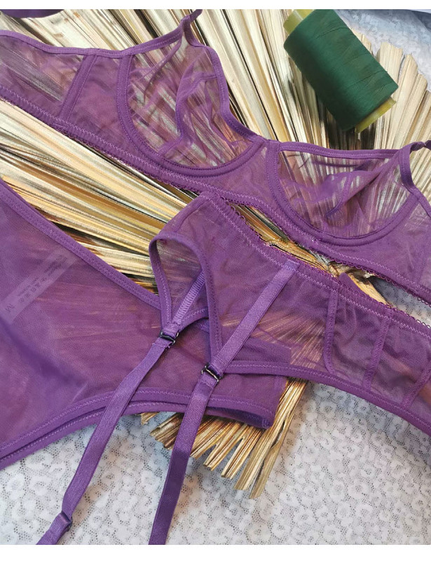 Γυναικεία εσώρουχα σετ τριών τεμαχίων Wriufred Sexy δικτυωτό σετ σλιπ σουτιέν μικρό στήθος μαζεμένο δαχτυλίδι από ατσάλι